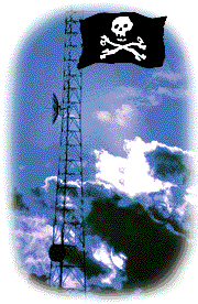a radio tower with a pirate flag